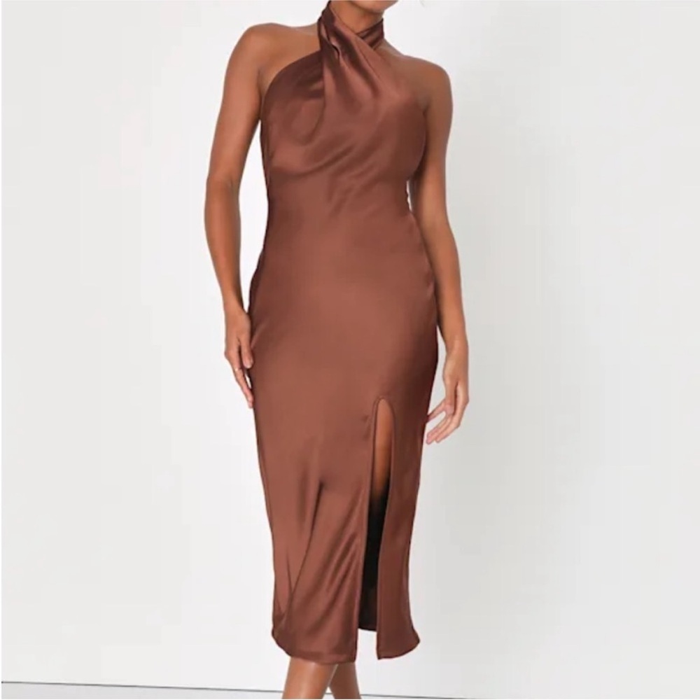 NWT, Lulus Satin Brown Halter Midi Wedding Guest Dress